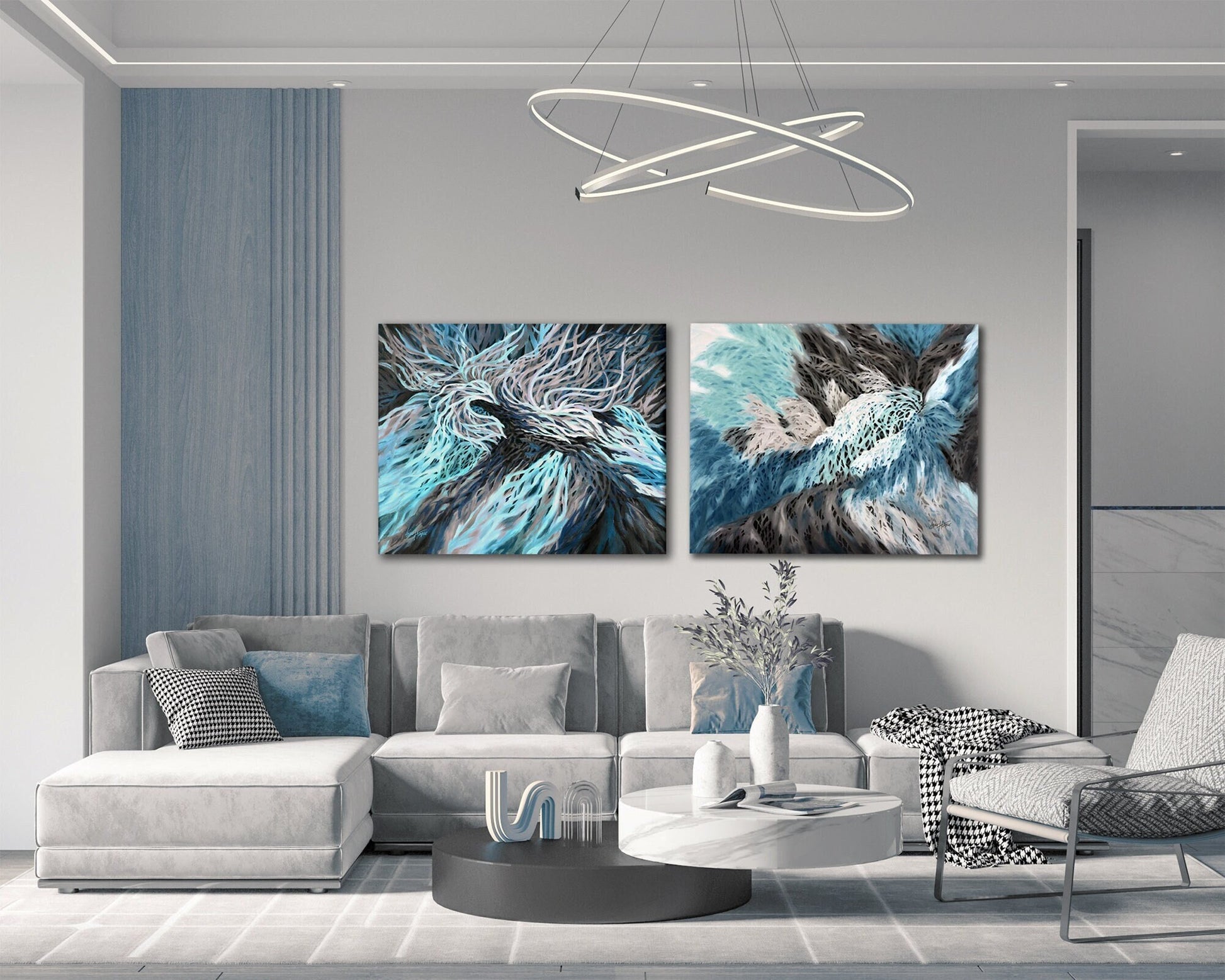 Printable art styled on a gallery wall in a bright modern room.