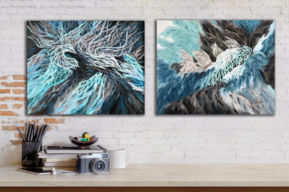 Close-up of vibrant teal accents on feather-themed abstract art.