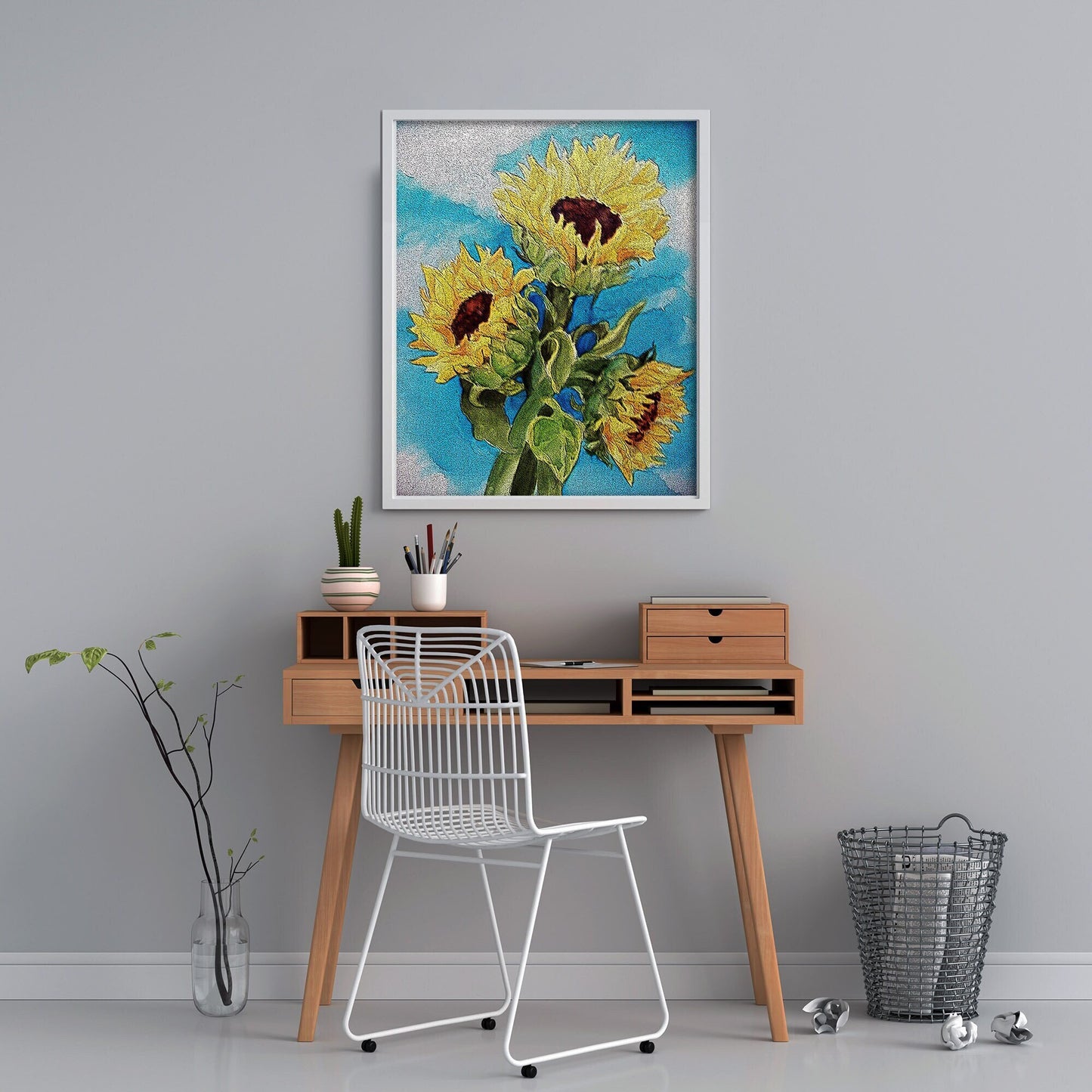 Printable Sunflower Wall Art – Watercolor and Ink Botanical Art