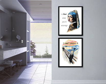 Humorous bathroom wall art featuring iconic art parodies
