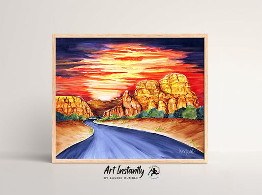 Printable Sunset Landscape Wall Art – Southwestern Watercolor Painting