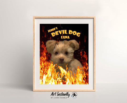 Personalized Devil Dog Custom Pet Portrait, Funny Printable Pet Art, Pet Memorial Gift, Instant Pet Wall Decor, Downloadable Pet Poster