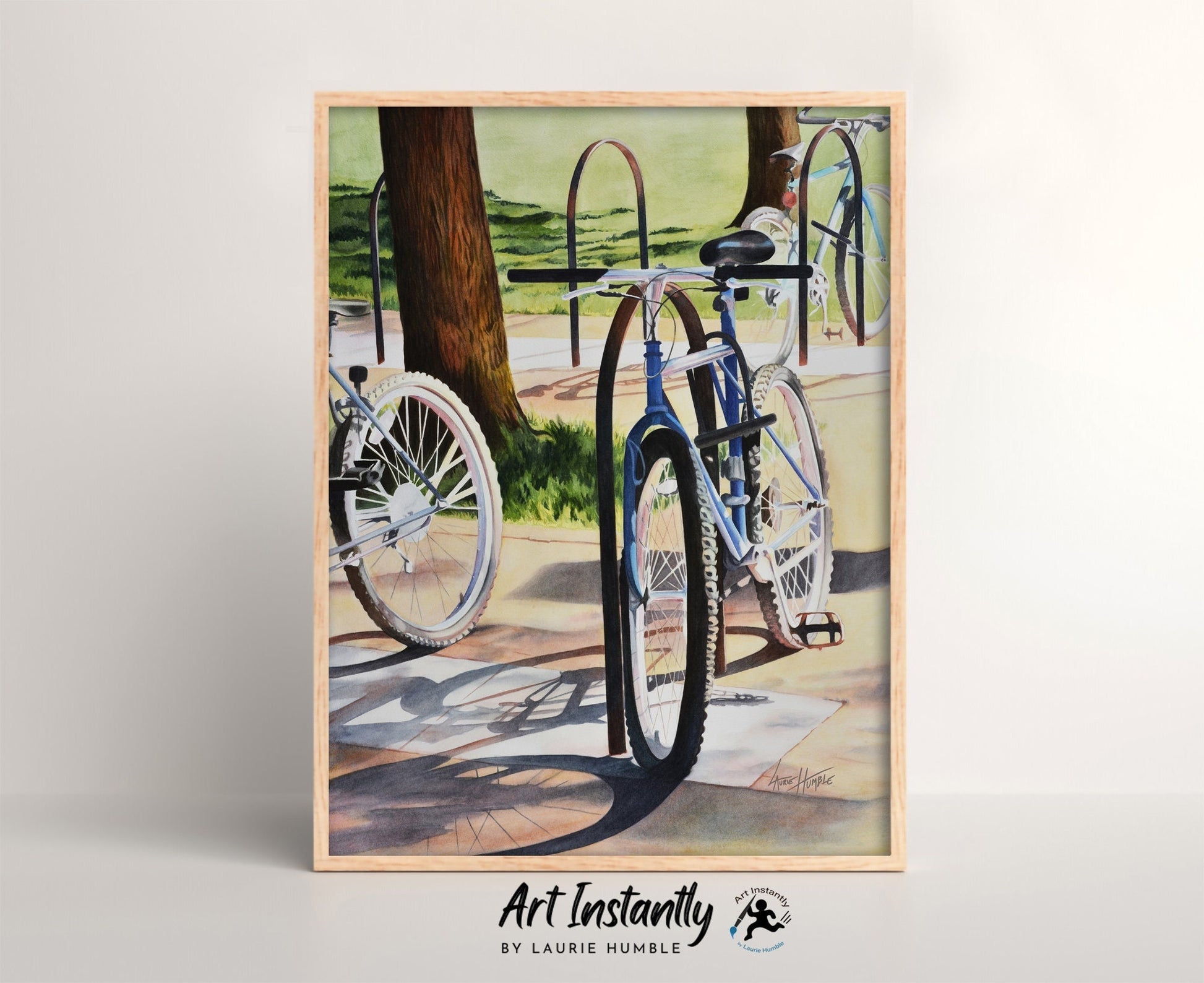 Printable watercolor bicycle cityscape artwork titled '5 O’Clock Shadow