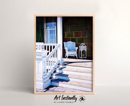 Relaxing farmhouse decor with watercolor porch scene