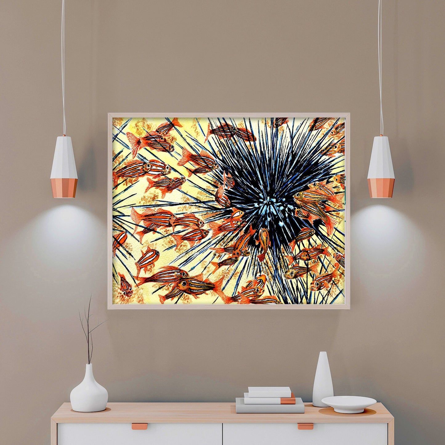 School Of Fish and Sea Anemone Watercolor Painting Digital Print Large Ocean Sea Life Printable Wall Art Instantly
