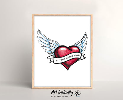 Winged Heart Tattoo Flash Digital Print Let Your Heart Soar Spiritual Tattoo Style Printable Wall Art Instantly Inspirational Art