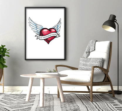Winged Heart Tattoo Flash Digital Print Let Your Heart Soar Spiritual Tattoo Style Printable Wall Art Instantly Inspirational Art