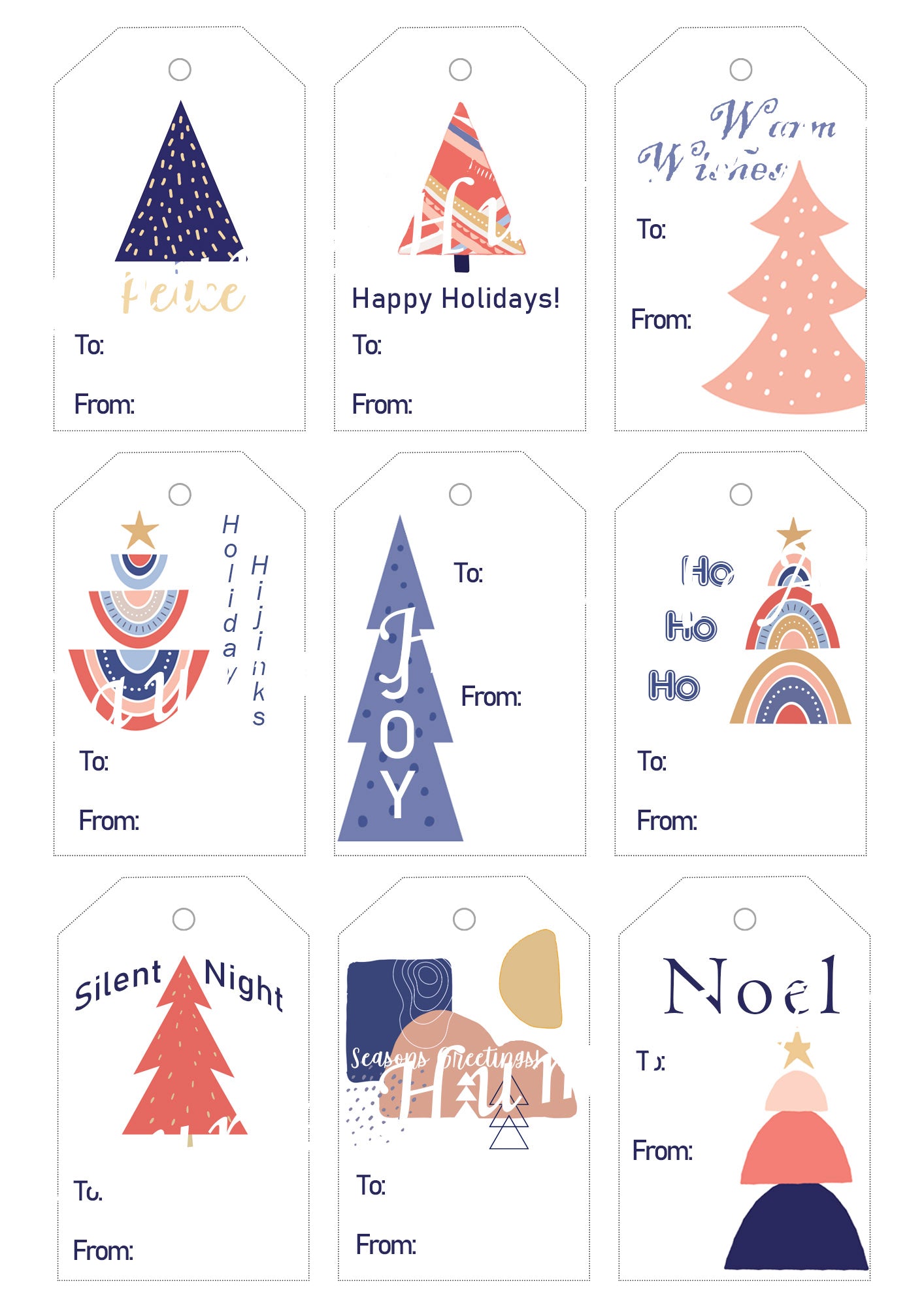 Modern Navy & Pink Holiday Tree Gift Tags